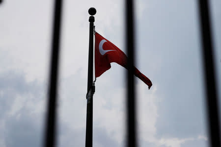 FILE PHOTO: The Turkish flag flies at the Embassy of Turkey in Washington, U.S., August 6, 2018. REUTERS/Brian Snyder