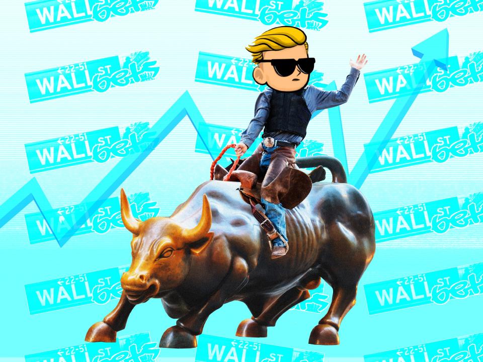 The Reddit wallstreetbets icon on a man riding the wall street bull, against a background with the wallstreetbets logo and a stock arrow