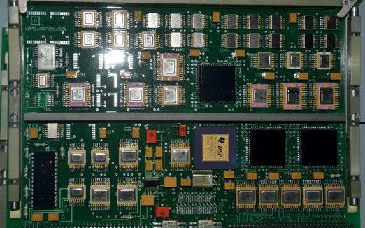 An inside look at the circuitry of the Zarya Guidance computer used on a 9M727 cruise missile, containing US-made parts