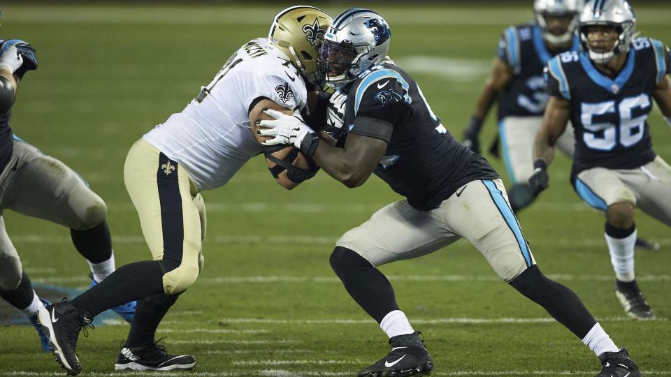 Mandatory Credit: Photo by Brian Westerholt/AP/Shutterstock (11702172hz)Carolina Panthers defensive end Efe Obada (94) works against New Orleans Saints offensive tackle Ryan Ramczyk (71) during an NFL football game, in Charlotte, N.