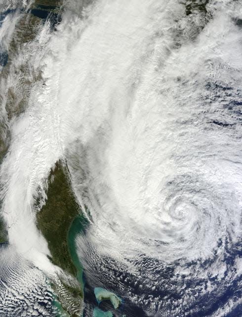 A satellite image shows Hurricane Sandy spinning over the Carolinas in October 2012.