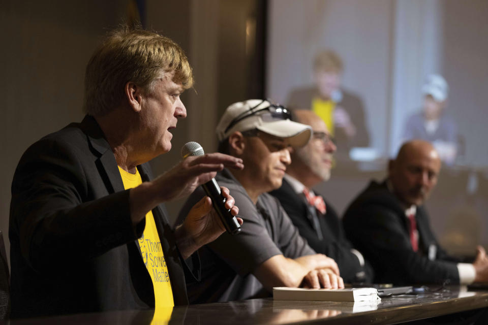 From left, Patrick Byrne speaks alongside Mark Cook, Douglas Frank and Robert Borer during a panel discussion during the Nebraska Election Integrity Forum on Saturday, Aug. 27, 2022, in Omaha, Neb. (AP Photo/Rebecca S. Gratz)