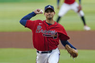 Atlanta Braves starting pitcher Charlie Morton delivers in the first inning of a baseball game against the Philadelphia Phillies, Friday, May 7, 2021, in Atlanta. (AP Photo/John Bazemore)