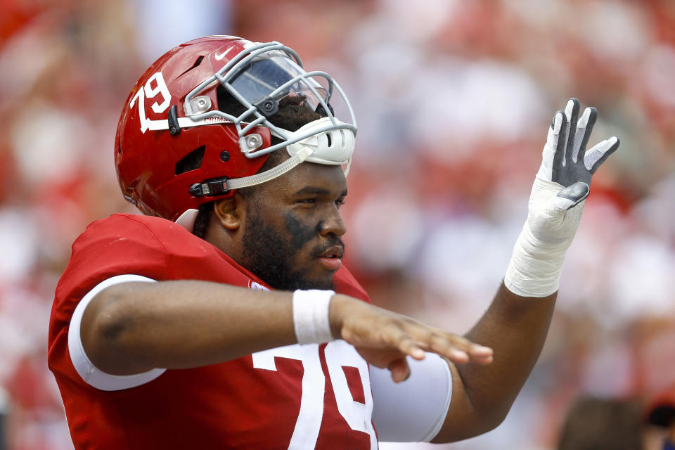 Alabama offensive lineman Chris Owens (79) indicates the fourth quarter during the second half of an NCAA college football game against Louisiana-Lafayette, Saturday, Sept. 29, 2018, in Tuscaloosa, Ala. Alabama won 56-14. (AP Photo/Butch Dill)