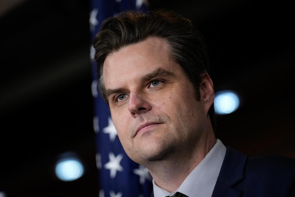 Rep. Matt Gaetz, R-Fla., looks on during a news conference about unidentified aerial phenomena (UAP) transparency on Capitol Hill November 30, 2023 in Washington, DC.