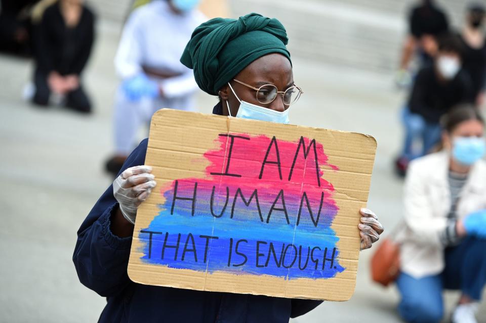 A protester in Trafalgar Square today (PA)