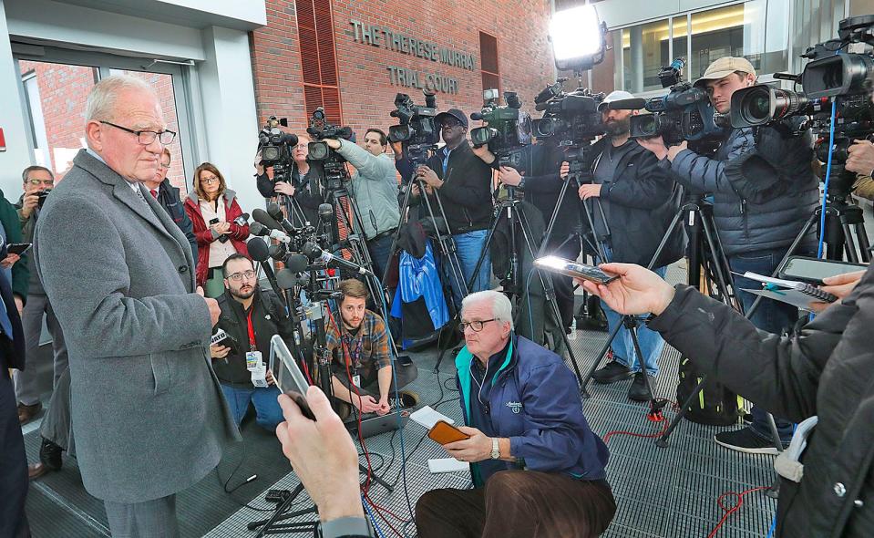 Kevin Reddington talks to the media after representing Lindsay Clancy at her arraignment on murder charges Tuesday, Feb. 7, 2023.