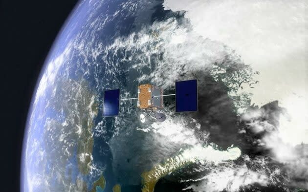 An artist’s conception shows one of OneWeb’s satellites in orbit. (OneWeb Satellites Illustration)