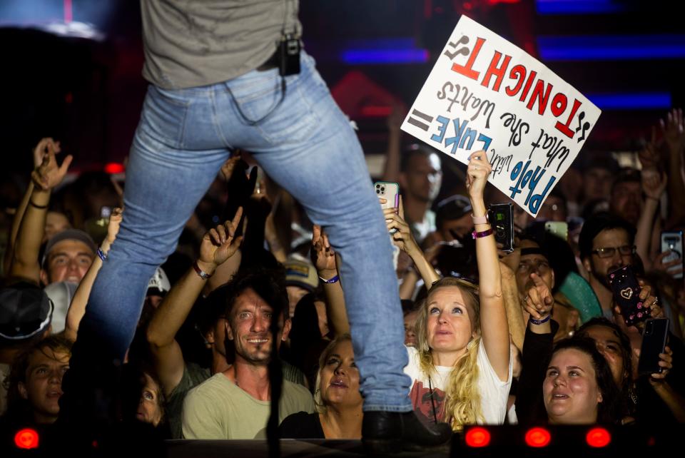 Country singer Luke Bryan plays for a large crowd at Miller Family Farm as part of his Farm Tour 2021 in Baltimore, Ohio on September 17, 2021.