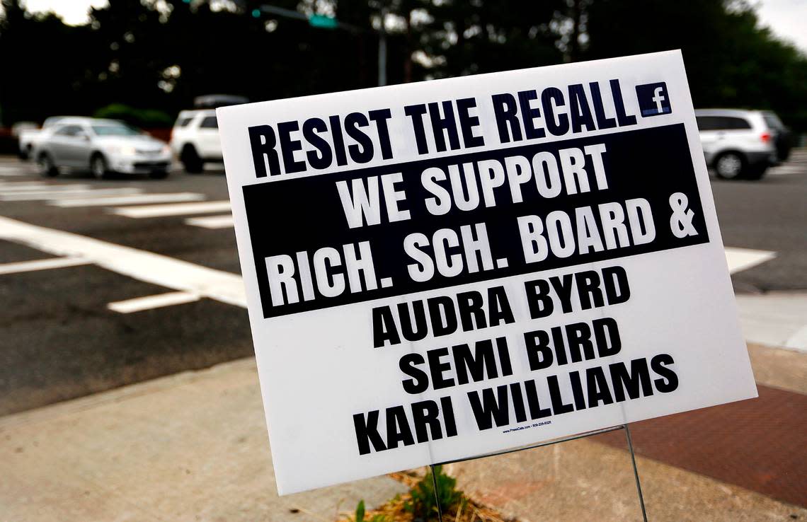 A sign supporting the three Richland School Board members facing a voter recall was posted in June 2022 Gage Boulevard at the intersection with Leslie Road in south Richland.