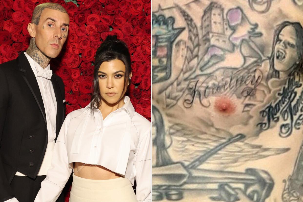 Travis Barker and Kourtney Kardashian; Travis Barker seen sporting a new Kourtney Tattoo
