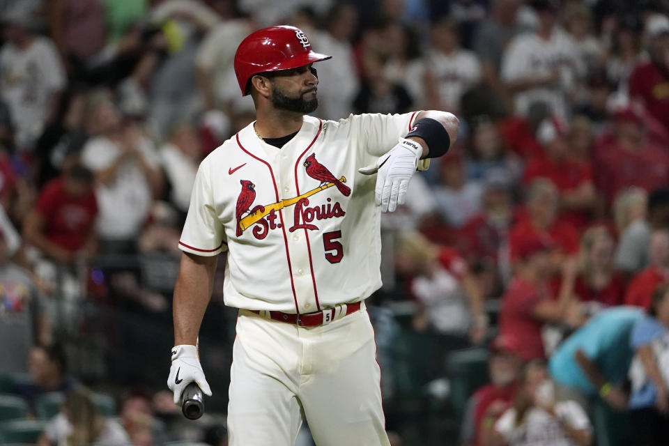 St. Louis Cardinals' Albert Pujols reacts after lining out during the eighth inning of a baseball game against the Atlanta Braves Saturday, Aug. 27, 2022, in St. Louis. (AP Photo/Jeff Roberson)