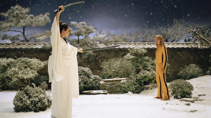 Two men fight with swords in Kill Bill.