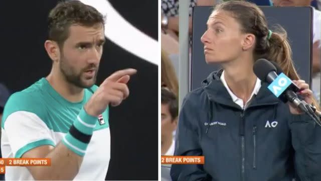 Cilic debates with the chair umpire. Image: Channel 7