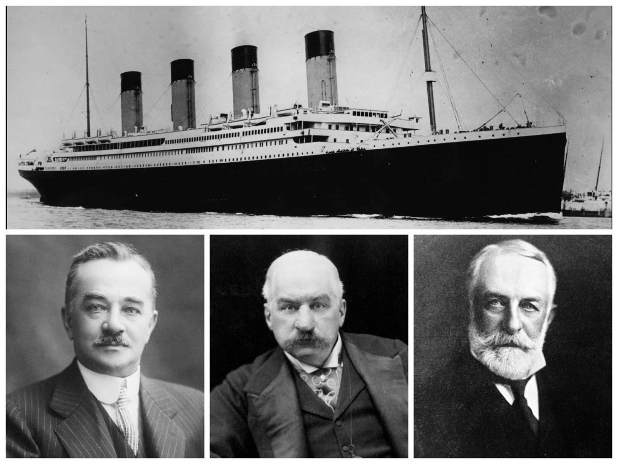 A black and white composite of the Titanic with portraits of Milton Hershey, J. Pierpont Morgan, and Henry Clay Frick below.