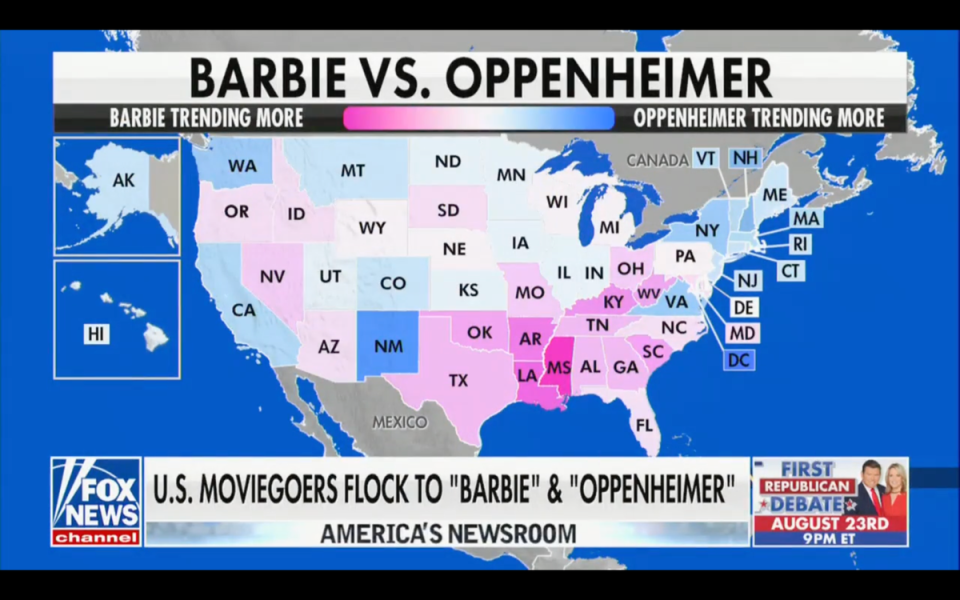 Fox News displayed a map showing that Barbie was trending more in red states (Fox News)