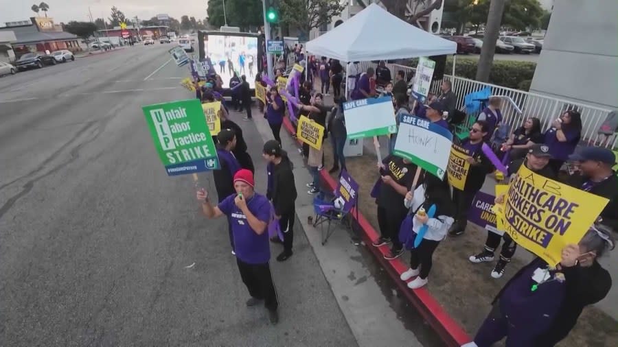 Around 1,500 healthcare workers begin a five-day strike against St. Francis Medical Center on Oct. 9, 2023. (KTLA)