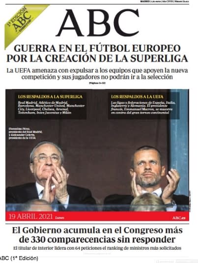 ABC headline: War in European football over the creation of the Super League