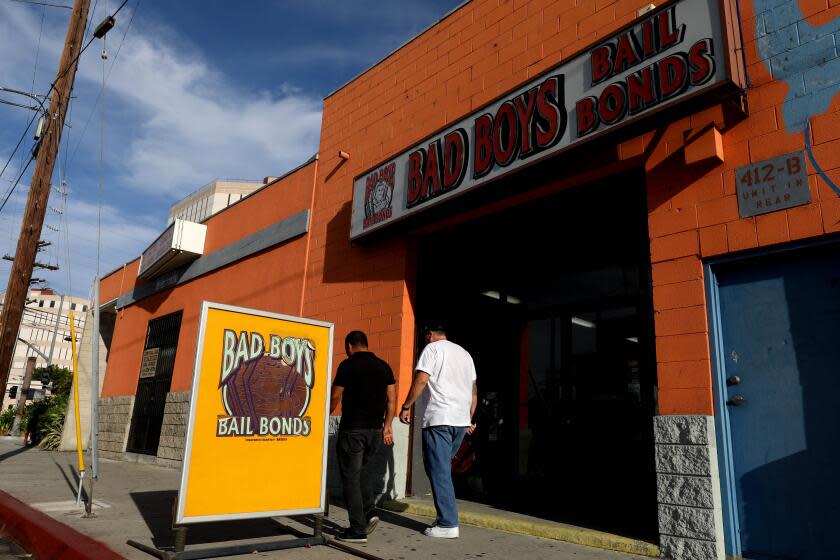 LOS ANGELES, CALIF. -- THURSDAY, AUGUST 30, 2018: Bad Boys Bail Bonds is located across the street from the Los Angeles County Jail in Los Angeles, Calif., on Aug. 30, 2018. Gov. Jerry Brown signed Senate Bill 10, replacing bail with "risk assessments" of individuals and non-monetary conditions of release. The change, which will take effect in October 2019. (Gary Coronado / Los Angeles Times)