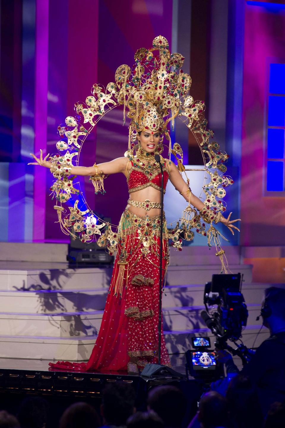 Noyonita Lodh, Miss India 2014, debuts her national costume during the Miss Universe Preliminary Show in Miami