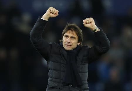 Britain Football Soccer - Leicester City v Chelsea - Premier League - King Power Stadium - 14/1/17 Chelsea manager Antonio Conte celebrates after the game Action Images via Reuters / John Sibley Livepic