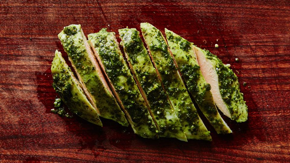 You can have sous vide cooked chicken stashed in your freezer, ready for dinner any night of the week—we dressed ours up with pesto. Get the recipe here.