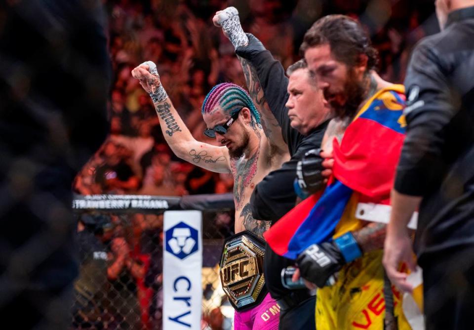 Sean O’Malley of the United States is declared the winner of his fight against Marlon Vera of Ecuador during their bantamweight title match during the UFC 299 event at the Kaseya Center on Saturday, March 9, 2024, in downtown Miami, Fla.