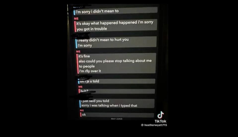 This is a screenshot from a conversation that Heather Wyatt says occurred over Snapchat between her daughter Aubreigh and one of the girls who bullied her after the girl allegedly slapped Aubreigh. Wyatt included the screenshot in a video about the bullying that she says led to her 13-year-old daughter’s death by suicide.