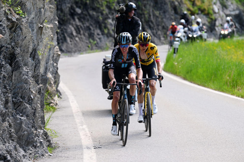 LEUKERBAD SWITZERLAND  JUNE 14 LR Romain Bardet of France and Team DSM and Wilco Kelderman of The Netherlands and Team JumboVisma compete in the chase group during the 86th Tour de Suisse 2023 Stage 4 a 1525km stage from Monthey to Leukerbad 1367m  UCIWT  on June 14 2023 in Leukerbad Switzerland Photo by Dario BelingheriGetty Images