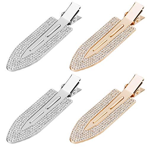 PAGOW Rhinestone No Bend Hair Clips, 4pcs bangs hair clip with Metal Shiny Styling Diamond ,No Dent No Crease Makeup Hair Clips for Women and Girls (2 Silvery & 2 Gold)