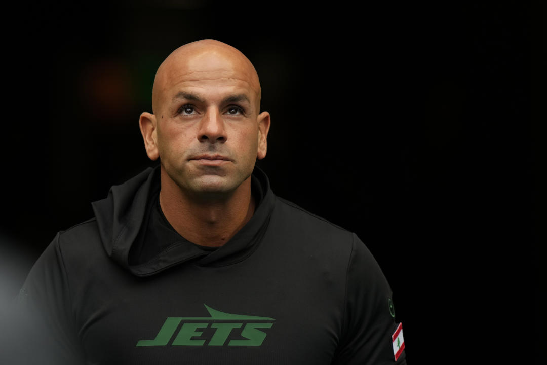 New York Jets head coach Robert Saleh walks out onto the field before an NFL football game against the Minnesota Vikings at Tottenham Hotspur Stadium, Sunday, Oct. 6, 2024 in London. The Minnesota Vikings defeated the New York Jets 23-17. (AP Photo/Steve Luciano)