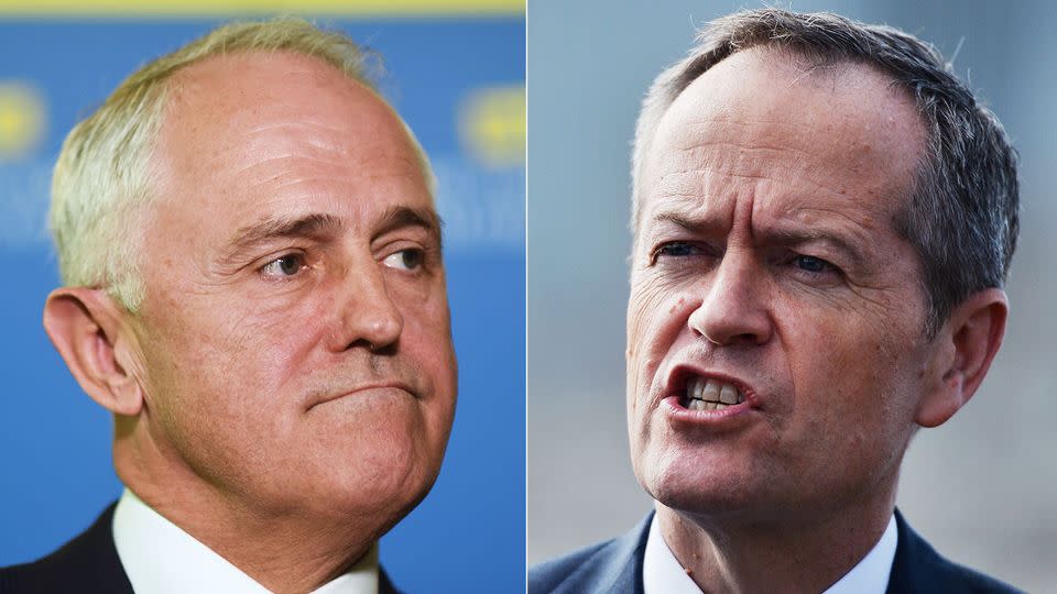 Halfway through the 2016 election campaign, Malcolm Turnbull (left) and Bill Shorten (right) are head to head. Photo: AAP