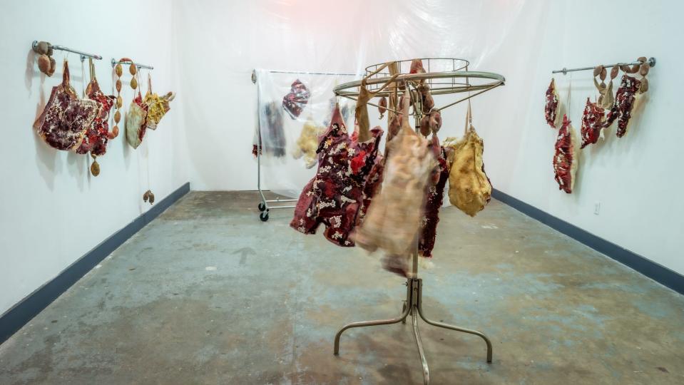 Installation of "Carniceria" (butcher shop), Angelica Neyra’s first solo exhibition at the 621 Gallery in Railroad Square, which runs through March 29, 2024.