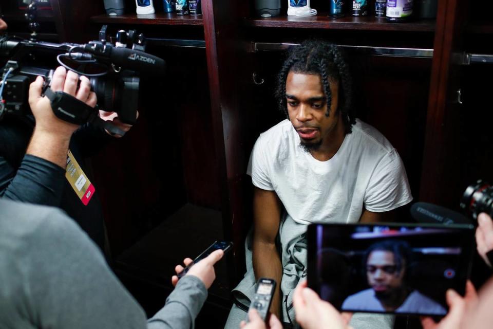 Kentucky guard Antonio Reeves talks with reporters in the locker room after Sunday’s NCAA Tournament loss to Kansas State.