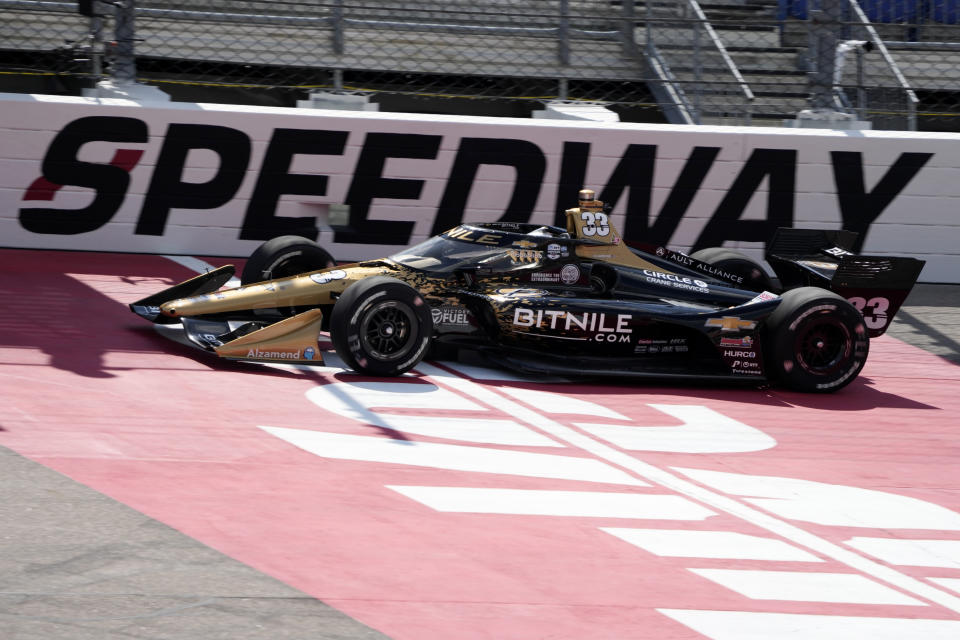 Ed Carpenter drives his car during practice for an IndyCar Series auto race, Friday, July 21, 2023, at Iowa Speedway in Newton, Iowa. (AP Photo/Charlie Neibergall)