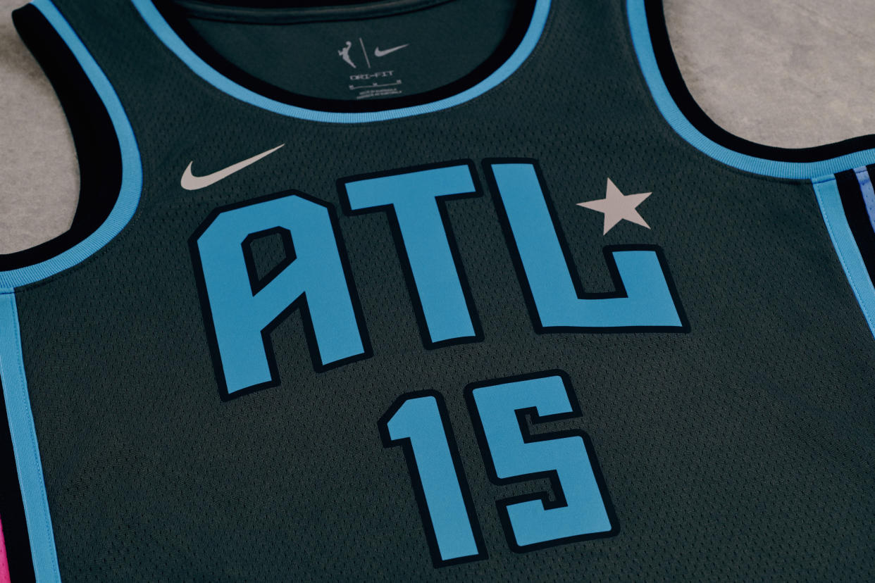 According to Nike, the silver star and logo detailing on the Atlanta Dream's Rebel uniforms are symbolic of the platinum and gold records produced in the city. (Photo by Nike)