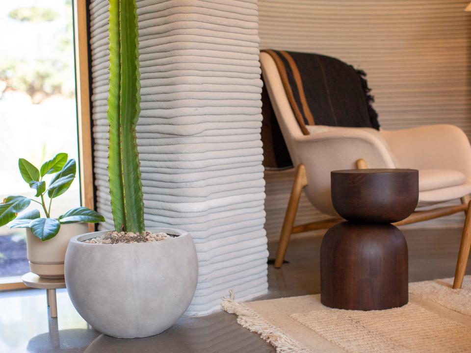 Inside Icon's over 2,000-square-foot House Zero in Austin. There's cactus in front of a printed wall. A lounge chair is next to this decor.