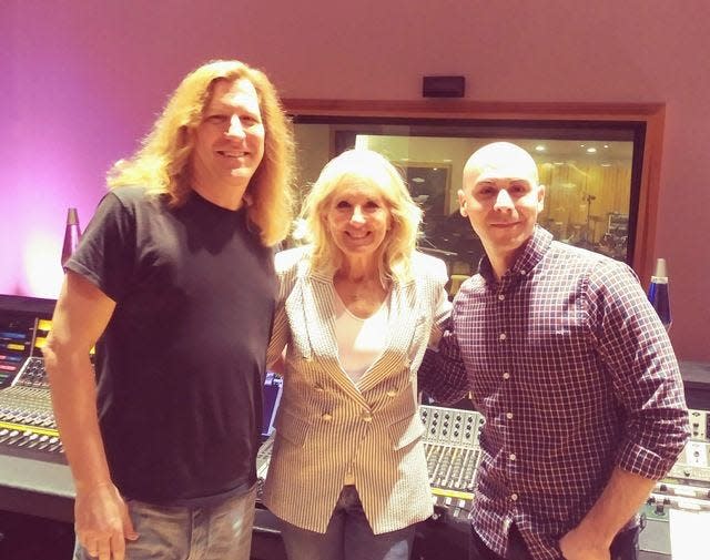 First Lady Jill Biden (center) in Ken-Del Studios with engineer Paul Janocha and producer Chris Sacco.