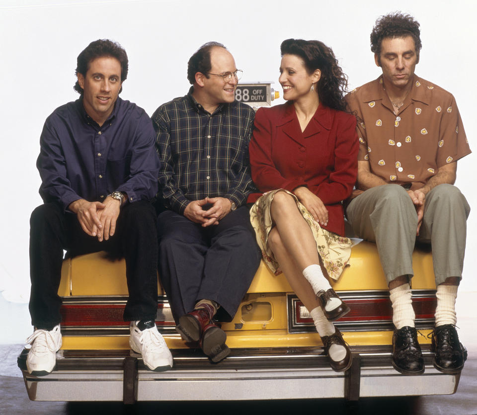 SEINFELD -- Season 6 -- Pictured: (l-r) Jerry Seinfeld, Jason Alexander as George Costanza, Julia Louis-Dreyfus as Elaine Benes, Michael Richards as Cosmo Kramer  (Photo by George Lange/NBC/NBCU Photo Bank via Getty Images)
