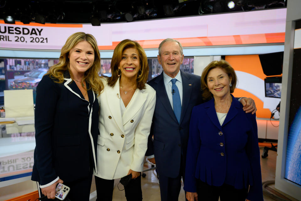 Jenna Bush Hager, Hoda Kotb, George W Bush and Laura Bush on Jenna and Hoda's talk show. (Getty Images)