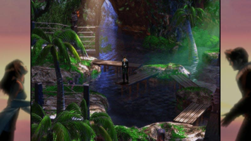 Squall stands on a walkway above water in a training arena.