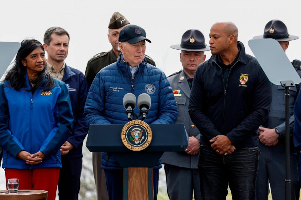 PHOTO: President Joe Biden delivers remarks at the Maryland Transportation Authority Police Headquarters, near the site of the collapsed Francis Scott Key Bridge, on April 5, 2024 in Baltimore. (Anna Moneymaker/Getty Images, FILE)