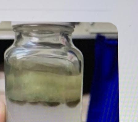 A screenshot of a text exchange with a photo of a sample of what was identified as water from the USS Nimitz contaminated with jet fuel.