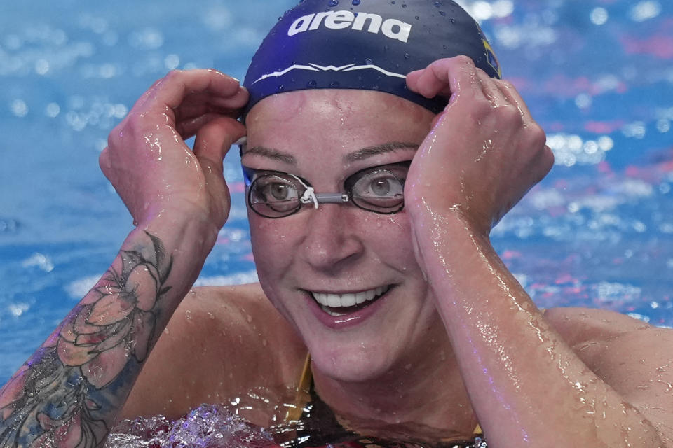 Sarah Sjoestroem of Sweden reacts after competing in the women's 50-meter freestyle final at the World Aquatics Championships in Doha, Qatar, Sunday, Feb. 18, 2024. (AP Photo/Lee Jin-man)