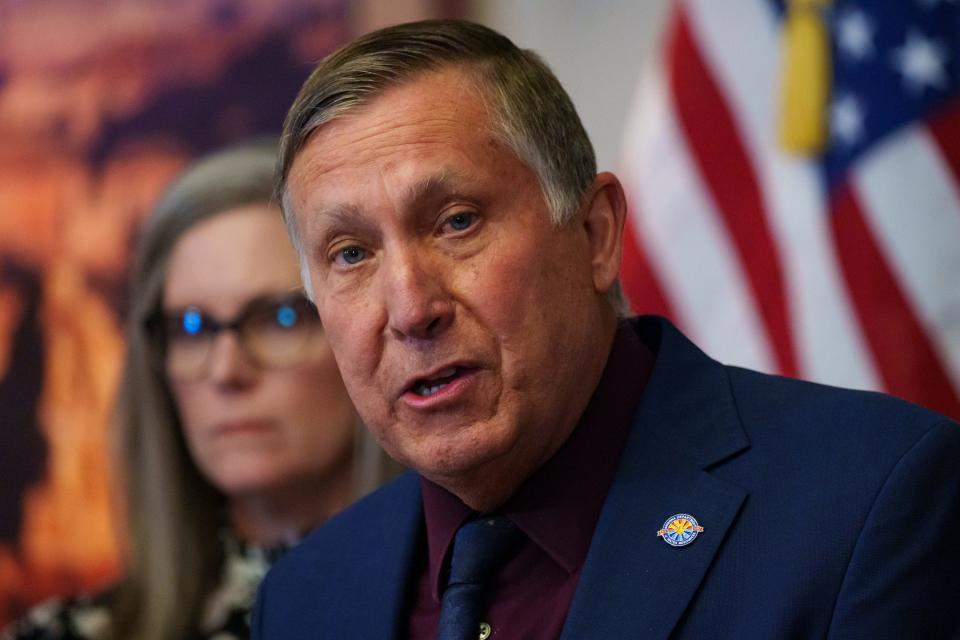 Arizona Department of Water Resources Director Tom Buschatzke speaks to the press during the governor's  weekly news conference at the state Capitol on June 1, 2023, in Phoenix.