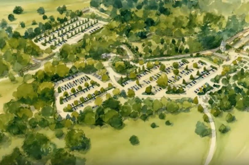 An artist's impression showing the redesigned main car park at Trelissick and the new car park for 225 more cars