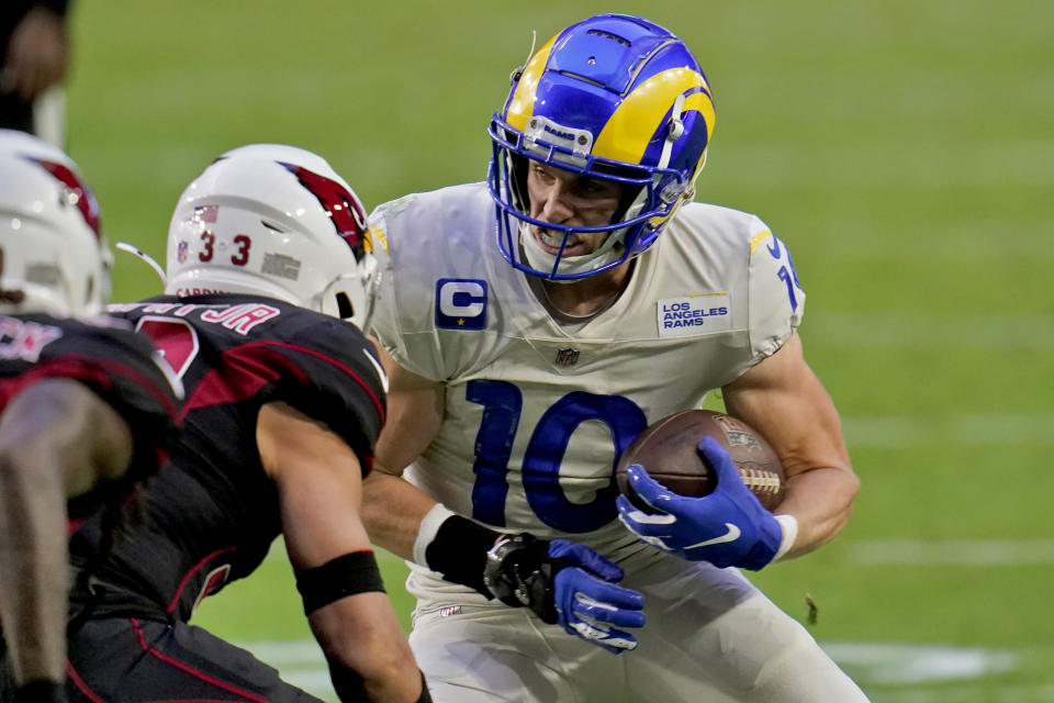 Los Angeles Rams wide receiver Cooper Kupp (10) against the Arizona Cardinals during the second half of an NFL football game, Sunday, Dec. 6, 2020, in Glendale, Ariz. (AP Photo/Ross D. Franklin)