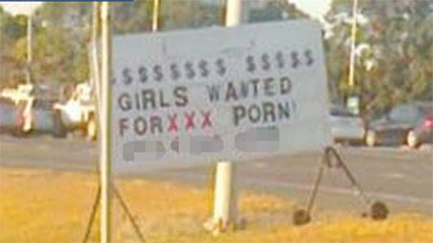An illegal sign advertising XX porn work at the Gold Coast. Source: Gold Coast Bulletin