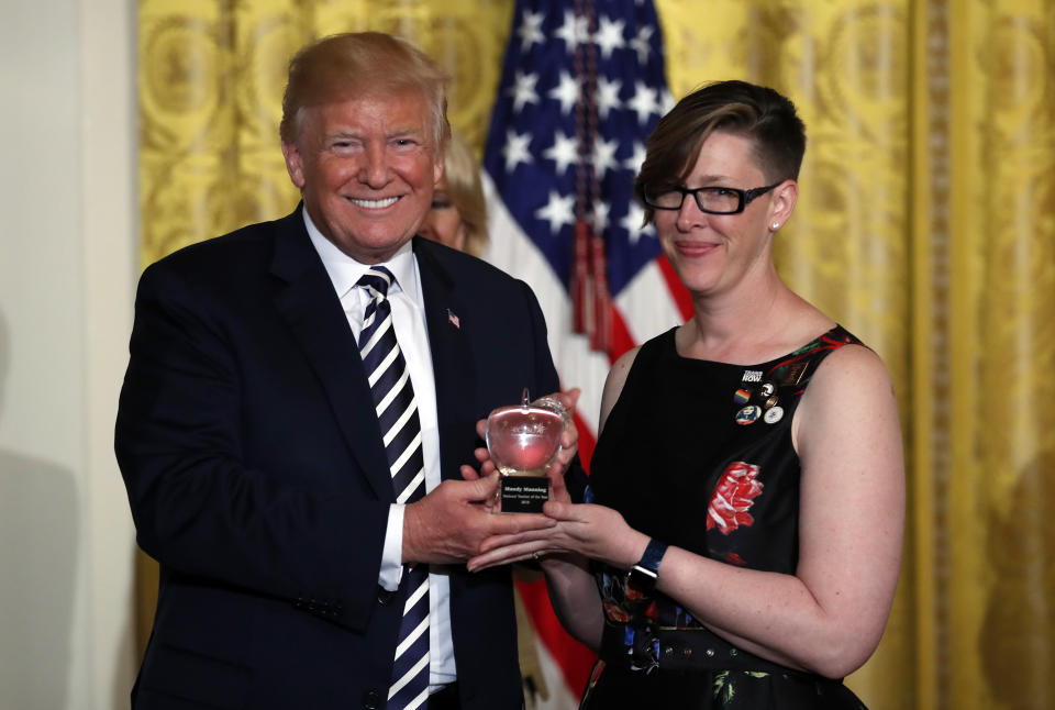 President Donald Trump speaks during the National Teacher of the Year reception in the East Room of the White House in Washington, Wednesday, May 2, 2018. (AP Photo/Carolyn Kaster)