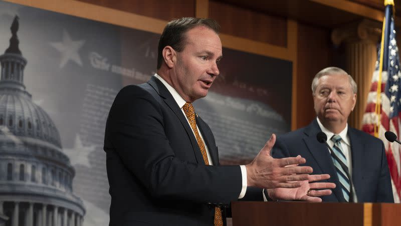 Sen. Lindsey Graham, R-S.C., and Sen. Mike Lee, R-Utah, speak to reporters, Wednesday, March 29, 2023, on Capitol Hill in Washington.